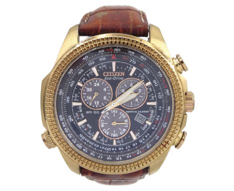 Citizen Eco-Drive gentleman's stainless steel and plated quartz chronograph wristwatch, on brown leather strapCondition Repor