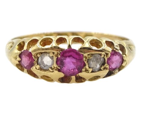 Edwardian 18ct gold five stone diamond and pink stone ring, Chester 1910Condition Report:Approx 2gm, size K-L