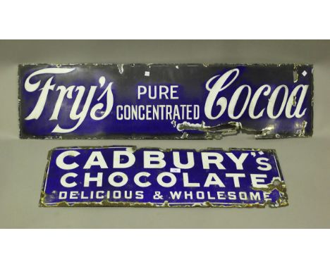 A Cadbury's Chocolate enamel advertising sign, 30.5cm x 91cm, and a Fry's Cocoa advertising sign, 30.5cm x 122cm.Buyer’s Prem