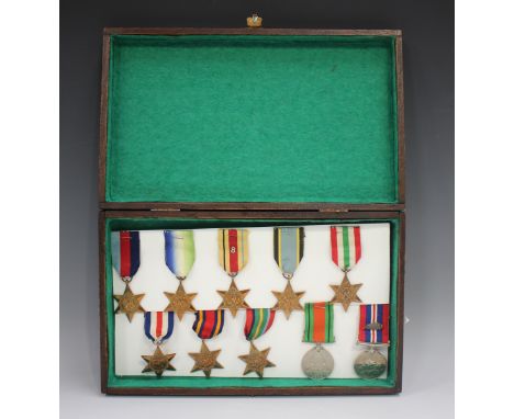 Ten Second World War period campaign stars and medals, including an Air Crew Europe Star, displayed within a box.Buyer’s Prem