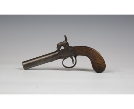 An early 19th century percussion pistol with turn-off barrel, barrel length 7.5cm, foliate engraved lock and wooden grip, lat