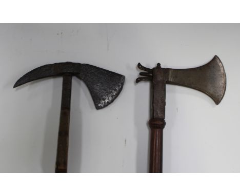 A rare late 19th century hunting axe/Bowie knife combination tool with staghorn grips and one folding short blade, indistinct