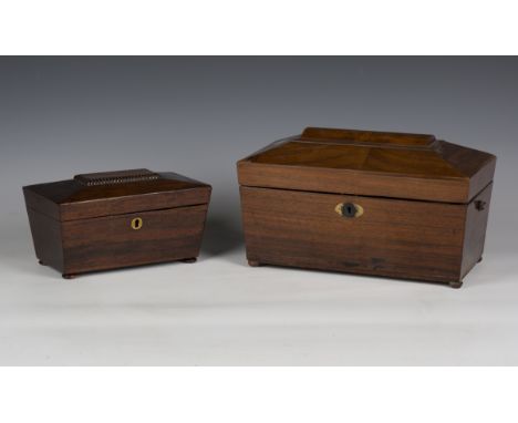 An early Victorian rosewood sarcophagus tea caddy, decorated with a beaded band and fitted with a brass key escutcheon, on bu
