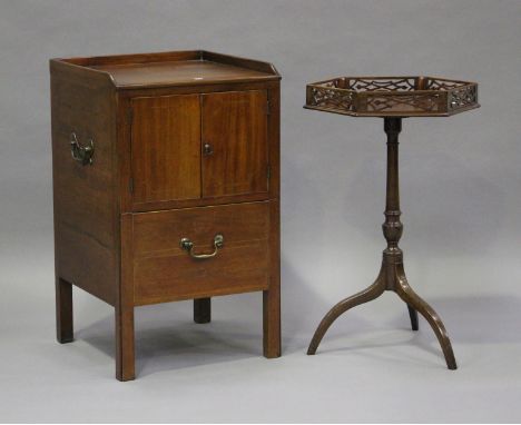 An Edwardian mahogany wine table with fretwork gallery top, on tripod legs, height 71cm, width 44cm, depth 41cm, together wit