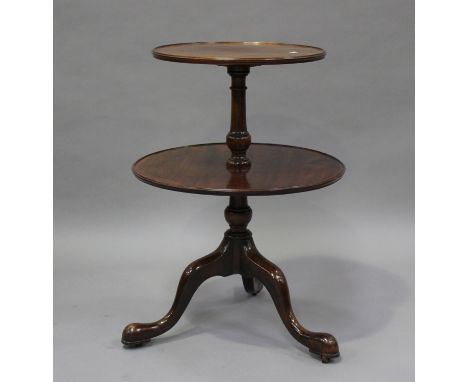A George III and later mahogany circular two-tier dumb waiter, on tripod cabriole legs, height 81cm, diameter 58cm (alteratio