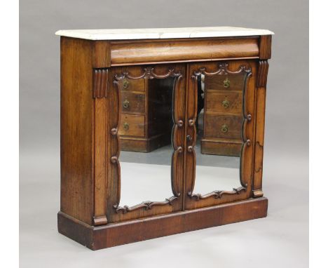 A Victorian rosewood and white marble-topped side cabinet, fitted with a pair of mirrored doors, on a plinth base, height 92c