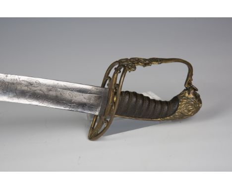 A George III period officer's sabre with curved single-edged blade, blade length 72cm, detailed with engraved foliate and tro