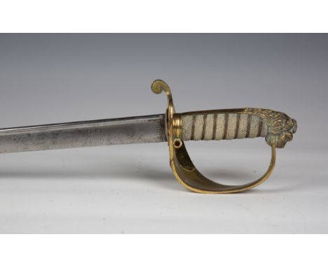 A British East India Company 1827 pattern naval officer's sword with slightly curved pipe-back blade with quill point, blade 