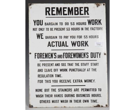 A Foreman's and Foreworker's enamel sign, 48cm x 35cm.Buyer’s Premium 29.4% (including VAT @ 20%) of the hammer price. Lots p