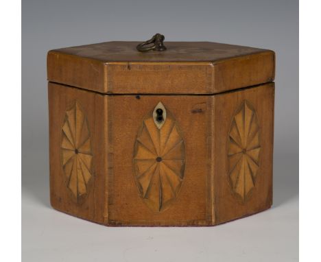 A George III satinwood hexagonal tea caddy with fan inlaid decoration, height 11cm, width 15cm, depth 8.5cm.Buyer’s Premium 2