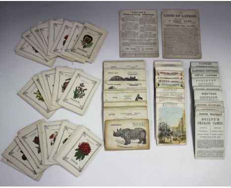 A group of 19th century card games, including 'The Lions of London' by David Ogilvy, the pack including London Postal Distric