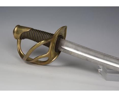 A French 1822 model cavalry trooper's sabre with curved double-fullered blade, blade length 91cm, brass triple-bar hilt and w