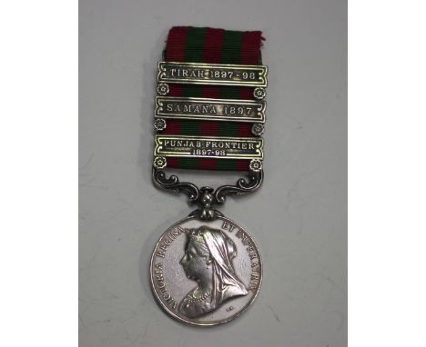 An India General Service Medal 1895 with three bars, 'Punjab Frontier 1897-98', 'Samana 1897' and 'Tirah 1897-98', to '3857 P