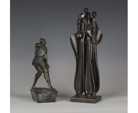 After Mari Andriessen - 'Mestreechter Geis', a re-issued late 20th century green patinated cast bronze figure, the angular ba