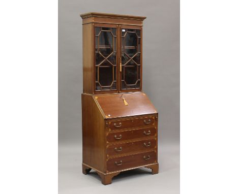 An Edwardian mahogany bureau bookcase with inlaid decoration, the fall front above drawers, on bracket feet, height 188cm, wi