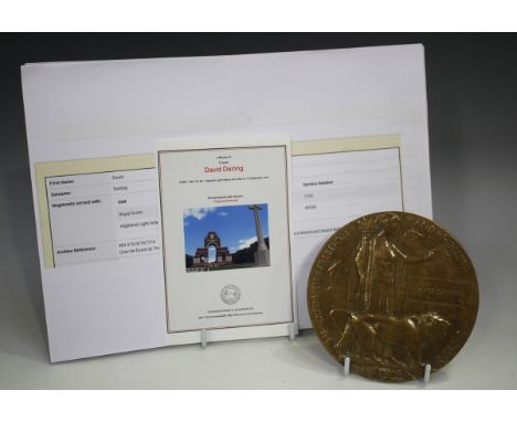 A First World War period bronze memorial plaque, detailed 'David Darling', with accompanying copied paperwork. Note: David Da