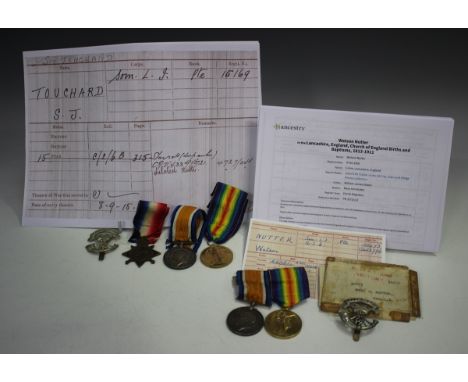 Three First World War period medals to S.J. Tonchard, comprising 1914-15 Star to '15169 Pte S.J.Tonchard. Som:L.I.' and 1914-