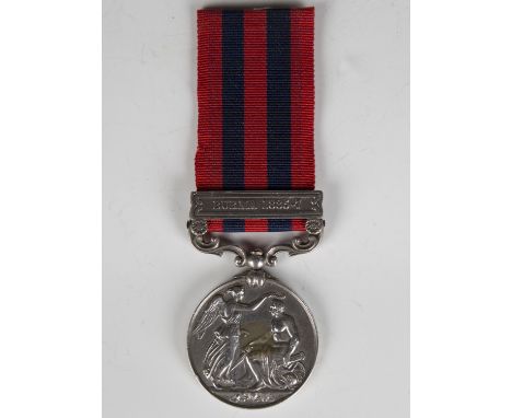 An Indian General Service Medal with bar 'Burma 1885-7', named in engraved running script to '15 Pte Mahomed Khan Ze… Bn Mily