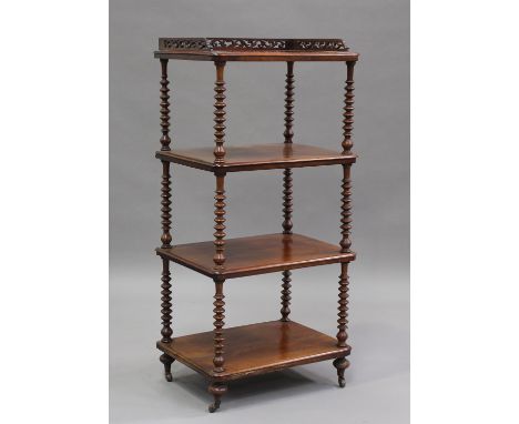 A Victorian mahogany four-tier whatnot with pierced gallery top, raised on bobbin turned supports, height 123cm, width 59cm, 