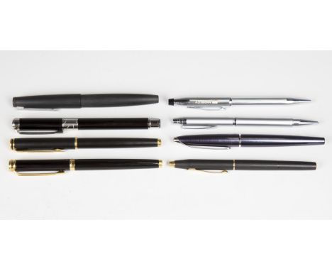 A collection of seven roller ball pens, comprising three Waterman and four Cross, together with a Lamy fountain pen.Buyer’s P