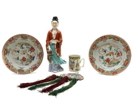 A group of Chinese famille rose porcelain,late 19th to early 20th century, comprising two bowls, 22.5cm diameter, and a mug, 