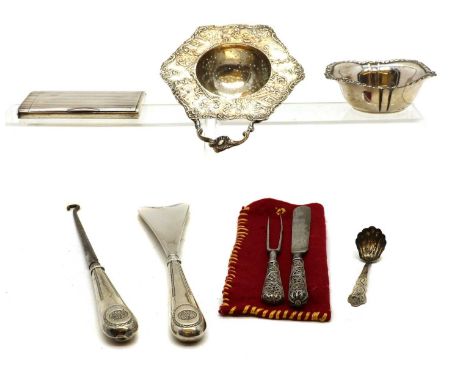 A collection of silver items,to include a cigarette case with import marks probably for Cohen &amp; Charles, 1935, a silver s