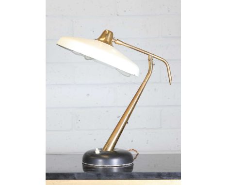 An Italian table lamp, 1950s, with a white-enamelled disc shade, with three bulbs,45cm highCondition ReportKnocks to the shad