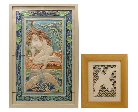 Victoria Ellis,an Art Nouveau style bas relief pottery tile plaque, depicting a nude woman with koi, framed, signed and dated
