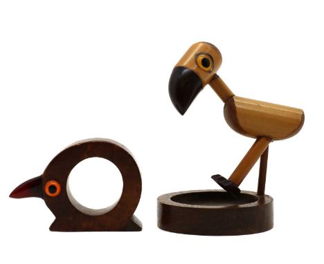A YZ ebony, bamboo and faturan ashtray, by Henry Howell, retailed by Dunhill, circa 1930, modelled as a bird,  12cm high toge