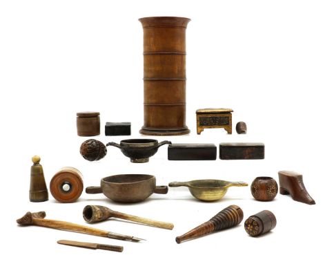 A group of treen items,19th century, to include a four-division spice tower, 22.5cm high, a group of three quaich, including 