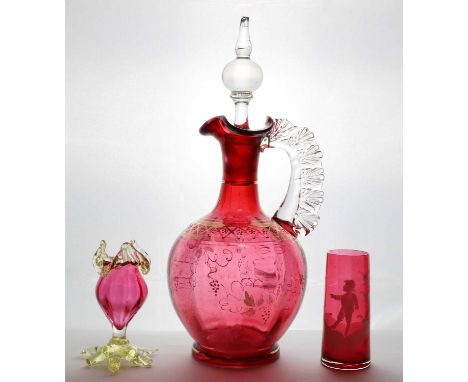 A Victorian cranberry glass decanter and stopper,the body with gilt and enamel decoration, 31cm high,together with a 'Mary Gr