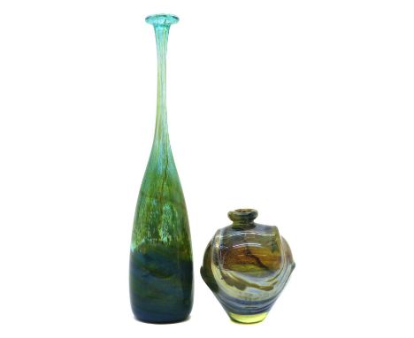 A Mdina glass attenuated bottle vase,c.1970, of tapering form,37.5cm hightogether a Mdina Pulled Ear vase,c.1968-70, with a b