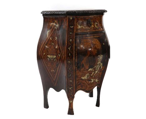 A bombe commode,19th century, North Italian, Lombardy, the marquetry and ivory inlaid top depicting a wild boar hunting scene