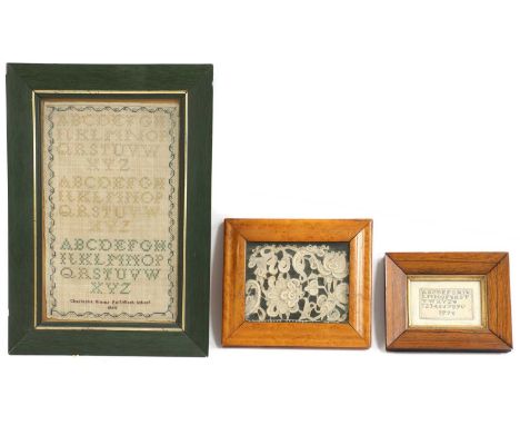 A Scottish needlework sampler,by 'Charlotte Simms, Poltalloch School, 1860', the alphabet worked in coloured silks on linen,3