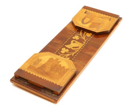 A Killarney yew book slide,19th century, Irish, inlaid with a harp and shamrock, 38cm wideCondition ReportOne set of hinges a