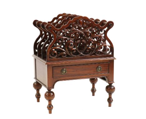 A Victorian-style mahogany Canterbury, 20th century, each of the four divisions with scrolling foliate detail,56cm wide43cm d
