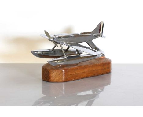 An Art Deco chromed bronze radiator mascot,1930s, modelled as a Schneider Trophy Supermarine S.6, the tail fin with enamelled