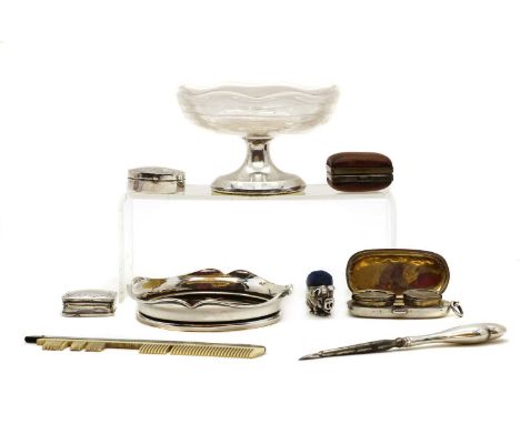 A collection of silver novelty items,to include a double sovereign case, 5.5cm wide, two patch boxes, marked 925, the largest