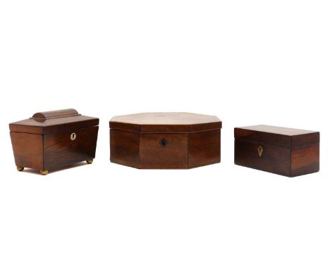 A mahogany workbox,early 19th century, of octagonal form, with crossbanded detail, 31cm wide, a rosewood regency tea caddy, 2