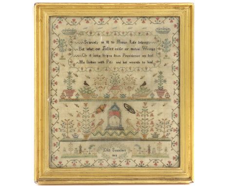 A needlework sampler,19th century, woven on linen, with a passage above trees, birds, and butterflies, to a trailing floral b