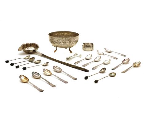 A collection of silver items,to include a George III toddy ladle, with a turned wood handle, 24cm long, a cased set of coffee
