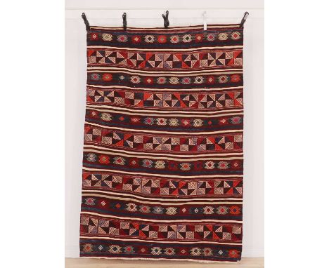 An Anatolian kilim wool rug,of recent manufacture, the central field with multi-coloured geometric design223cm x 155cmConditi