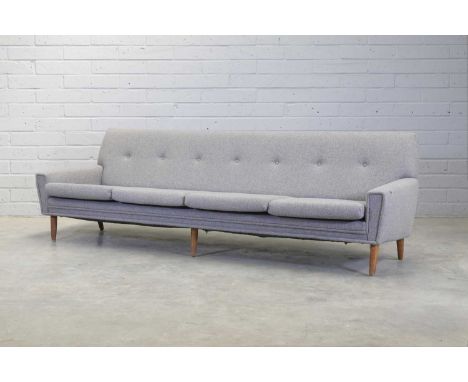 A Danish design sofa, 1960s, upholstered in grey fabric, on oak tapering supports, 240cm wide 83cm deep 83cm high, seat 30cm 