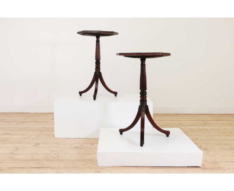A pair of Regency-style mahogany, ebonised and simulated mahogany lamp tables,of recent manufacture but incorporating some pe