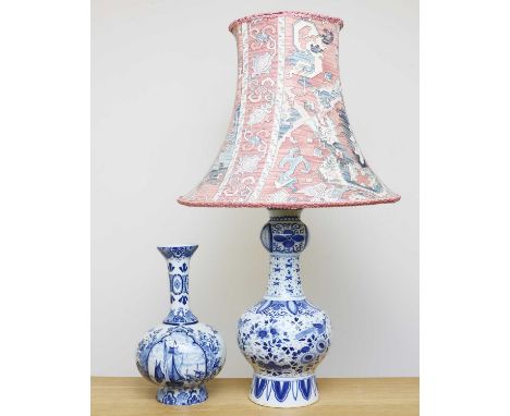 A Delft porcelain onion vase,18th century, decorated with birds amongst flowers, converted to a lamp, with a kilim shade, und