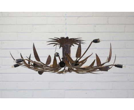 A French metal gold-patinated-leaf ceiling light, 1970s, with eight light branches and further leaf branches, 88cm diameter23