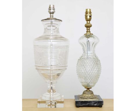 Two glass table lamps, 20th century, comprising a ribbed and a smaller moulded example,the taller 39cm high (2)Condition Repo