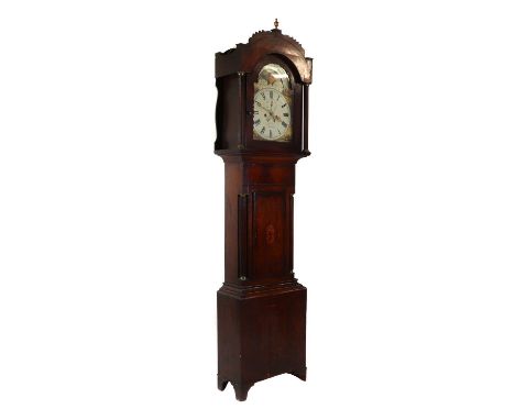 A George III oak and mahogany longcase clock,with an urn finial, above a painted 12" dial with Roman numerals, inscribed 'Lew