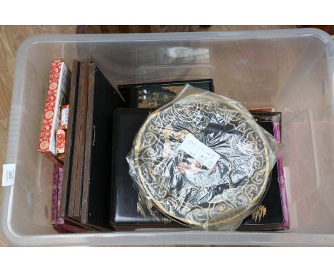 A collection of Chinese boxes, pots, mirror scrolls, scales etc