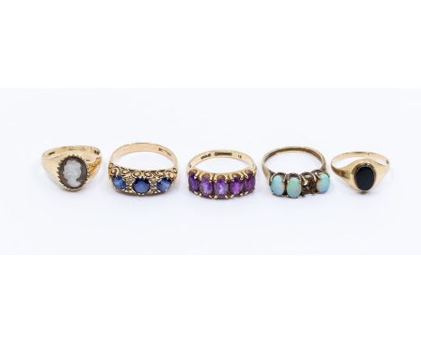 A collection of 9ct gold and gem set dress rings, to include a Victorian style synthetic sapphire and diamond ring, set with 